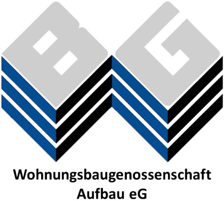 Logo der Wohnungsbaugenossenschaft zeigt den Großbuchstaben W als Relief in zwei Blautönen. Im linken Teil des Großbuchstaben W ist der Großbuchstabe B in hellgrauer Farbe eingebettet. Im rechten Teil des Großbuchstaben W ist der Großbuchstabe G in hellgrauer Farbe eingebettet. Unter dem Großbuchstaben W ist der Schriftzug Wohnungsbaugenossenschaft Aufbau eG angeordnet.